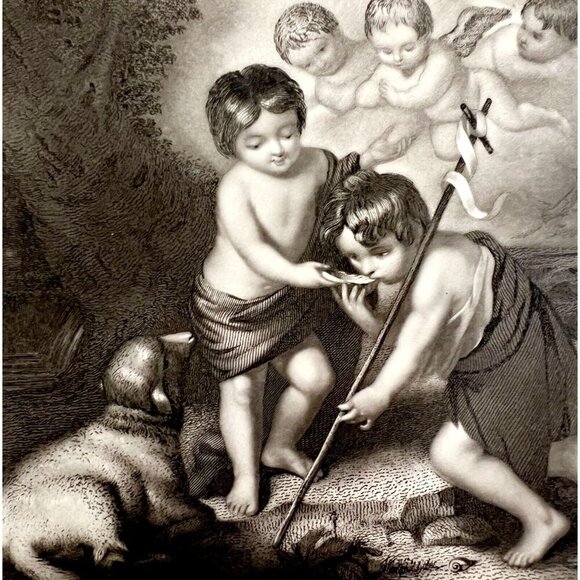 Infant Savior Saint John Engraving 1859 Victorian Religious Angels Art DWY5E - Picture 1 of 2